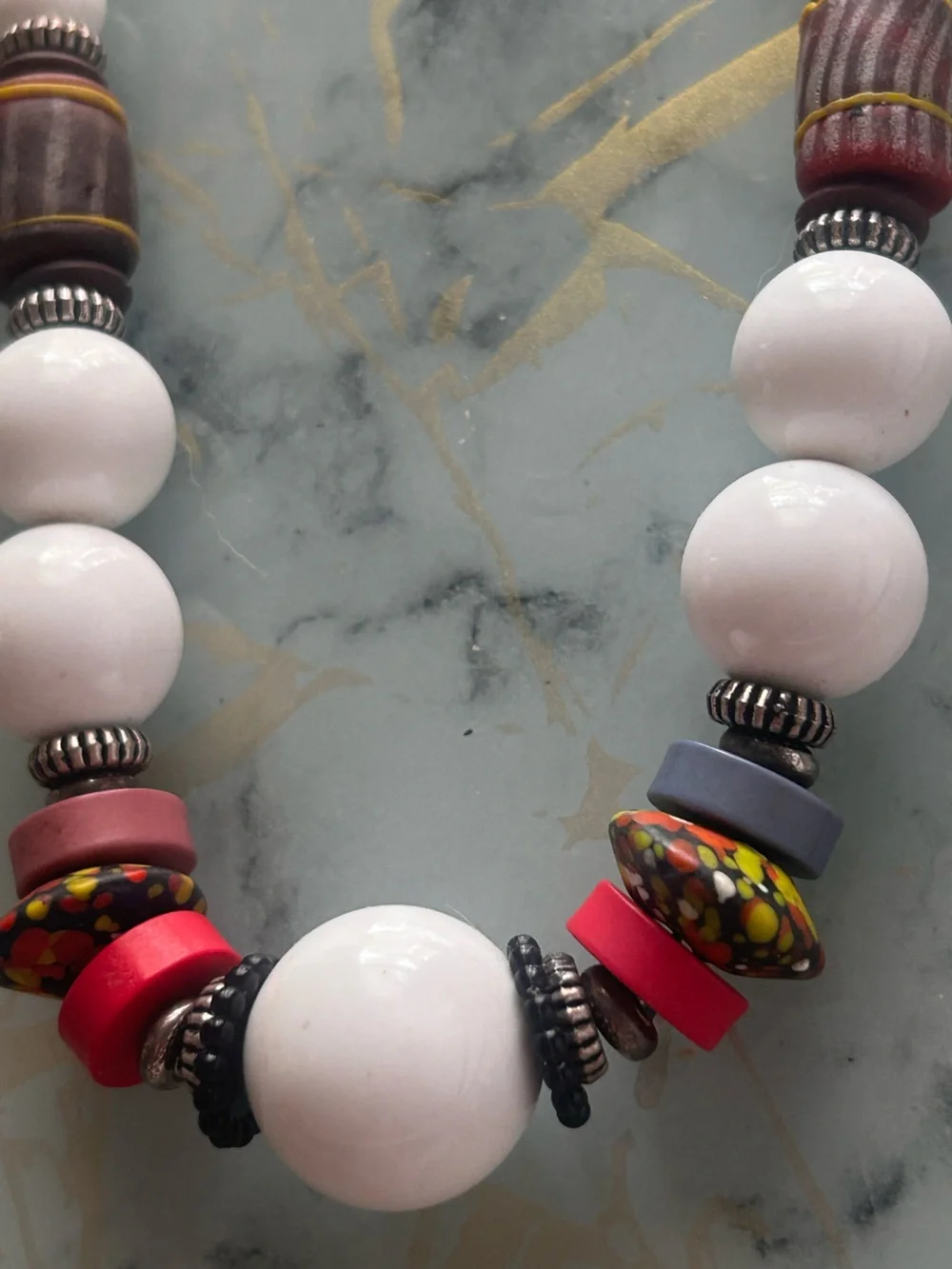 Vintage Statement Beaded Necklace White Beads Artisan Boho Chunky 19” Multicolor
